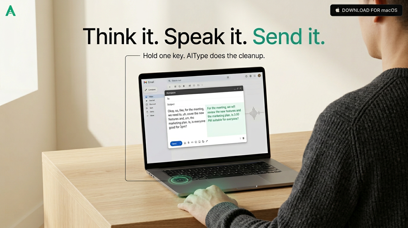 AiType hero preview showing how spoken words become clean text ready to send.